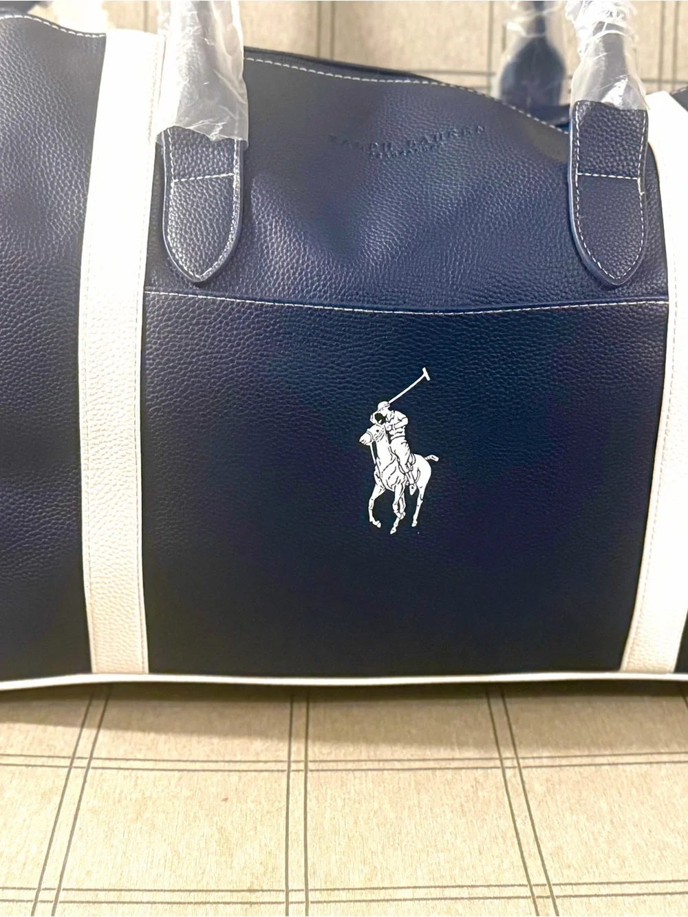 Classic !Ralph Lauren Navy and White Polo Large Vegan Leather Duffel Bag